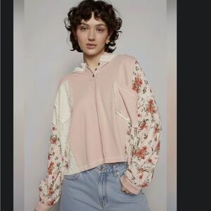 POL Soft Pink Knit Hooded Patchwork Top